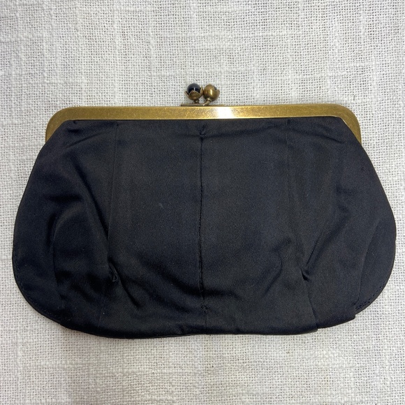 J. Crew Black Satin Evening Clutch Purse w/ Gold Clasp - Picture 1 of 9
